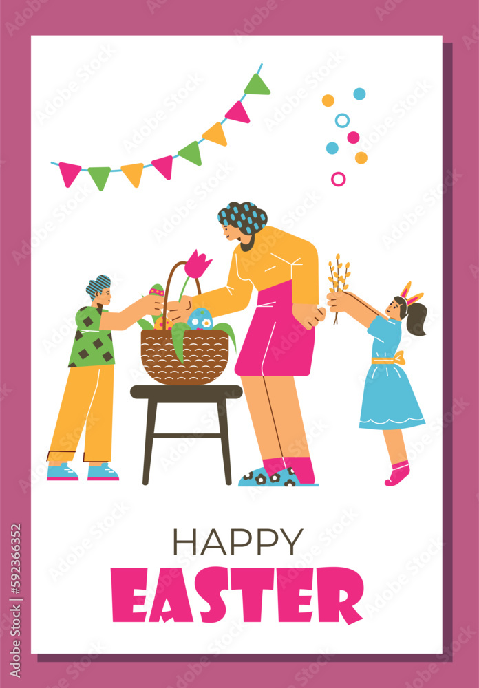 Happy Easter greeting card, mother and kids arranging basket with decorated eggs and flowers, flat vector illustration.