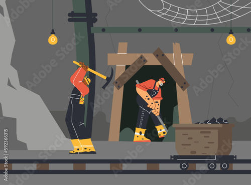 Miners using pickaxe and shovel extracting coal and minerals underground, flat vector illustration.