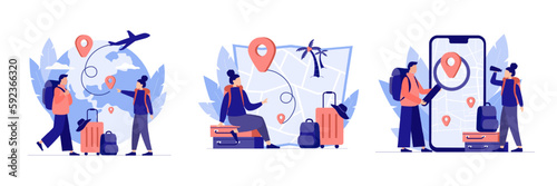 Set of colored cartoon characters preparing for traveling abroad. Time for summer vacation trip. Travel agency tour. Adventure tourists and travelers. Vector