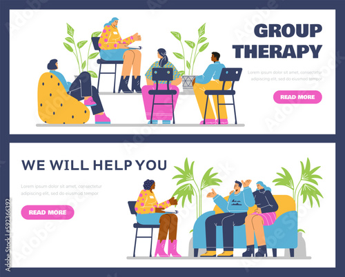 Psychological therapy advertising web banners set, flat vector illustration.