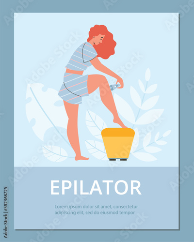 Epilator device banner design with woman removing hair, flat vector illustration.