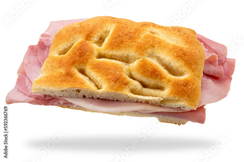 Focaccia sandwich, Genoa flatbread stuffed with ham slices, isolated