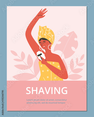 Banner with woman removing hair using home depilator, flat vector illustration.