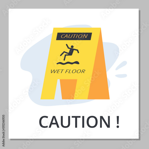 Squared banner with yellow triangular caution sign about wet floor flat style