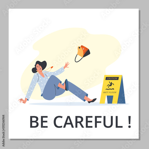 Woman falling down in front of wet floor caution sign, poster template - flat vector illustration.