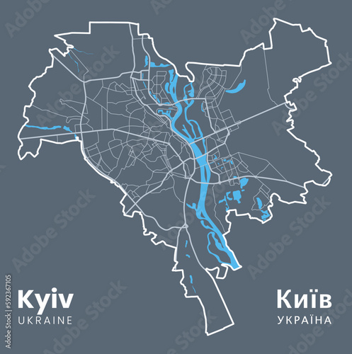 Detailed map of Kyiv - the capital of Ukraine - Urban borders map. Light stroke version of Kyiv City poster with streets and Dnieper River on dark background.