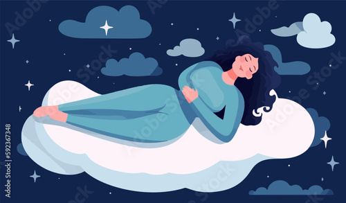 Content woman floats above pillow, relishing dreams or relaxation. Serene girl sleeping, envisioning dreams. Rest, rejuvenation. Vector graphic
