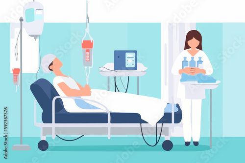 Cheerful woman receiving IV drip in hospital. Grinning female patient undergoes treatment at medical facility. Healthcare concept. Vector image