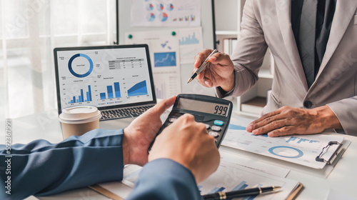 Two business people talk project strategy at office meeting room. Businessman discuss project planning with colleague at modern workplace while having conversation and advice on financial data report.