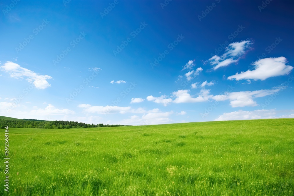 Blue sky green spring meadow landscape. generative ai