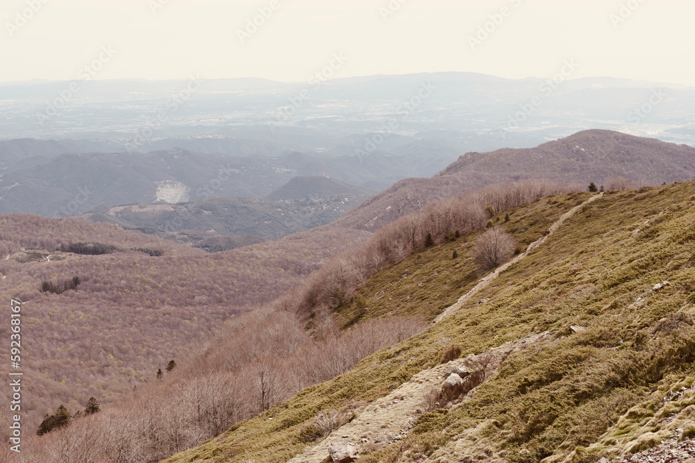 Hiking routes in Montseny natural park, Catalonia. View to the hill of