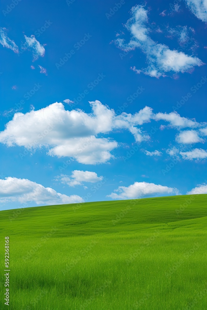 Blue sky green spring meadow landscape. generative ai Blue sky green spring meadow landscape. generative ai