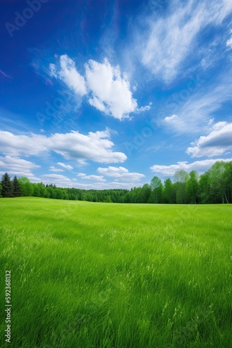 Blue sky green spring meadow landscape. generative ai
