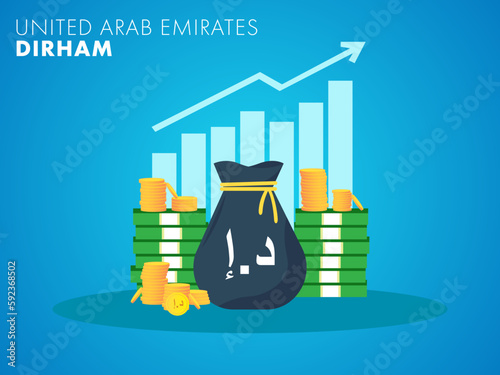 United Arab Emirates Dirham currency growth to success concept. The money bag chart increases profit. Business growth concept. Vector illustration design