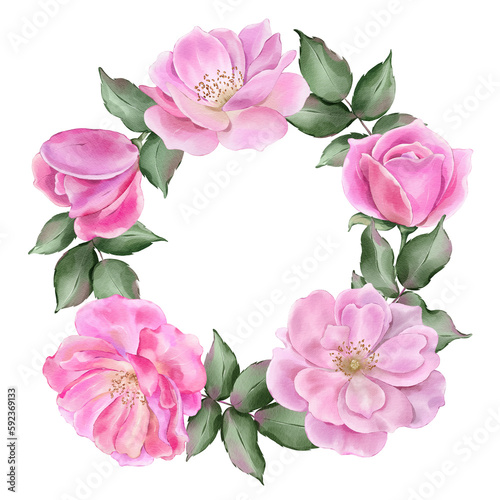 Pink roses wreath with leaves in watercolor style isolated on white background. Hand-drawn watercolor floral illustration on transparent background can be used on a variety of surfaces  wallpaper