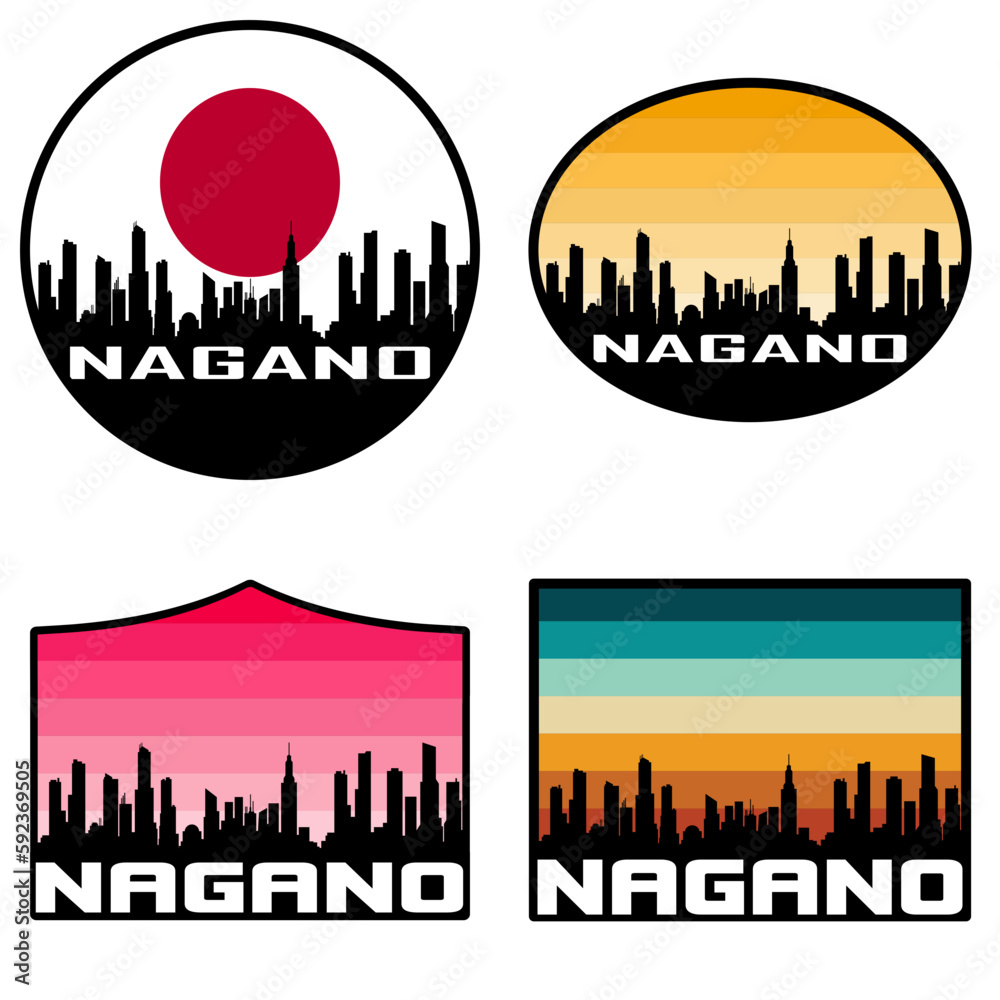 Nagano Skyline Silhouette Japan Flag Travel Souvenir Sticker Sunset Background Vector Illustration SVG EPS AI