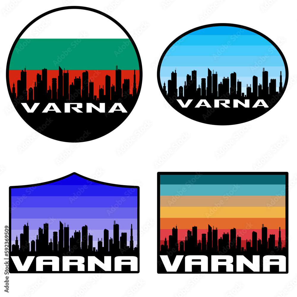 Varna Skyline Silhouette Bulgaria Flag Travel Souvenir Sticker Sunset Background Vector Illustration SVG EPS AI
