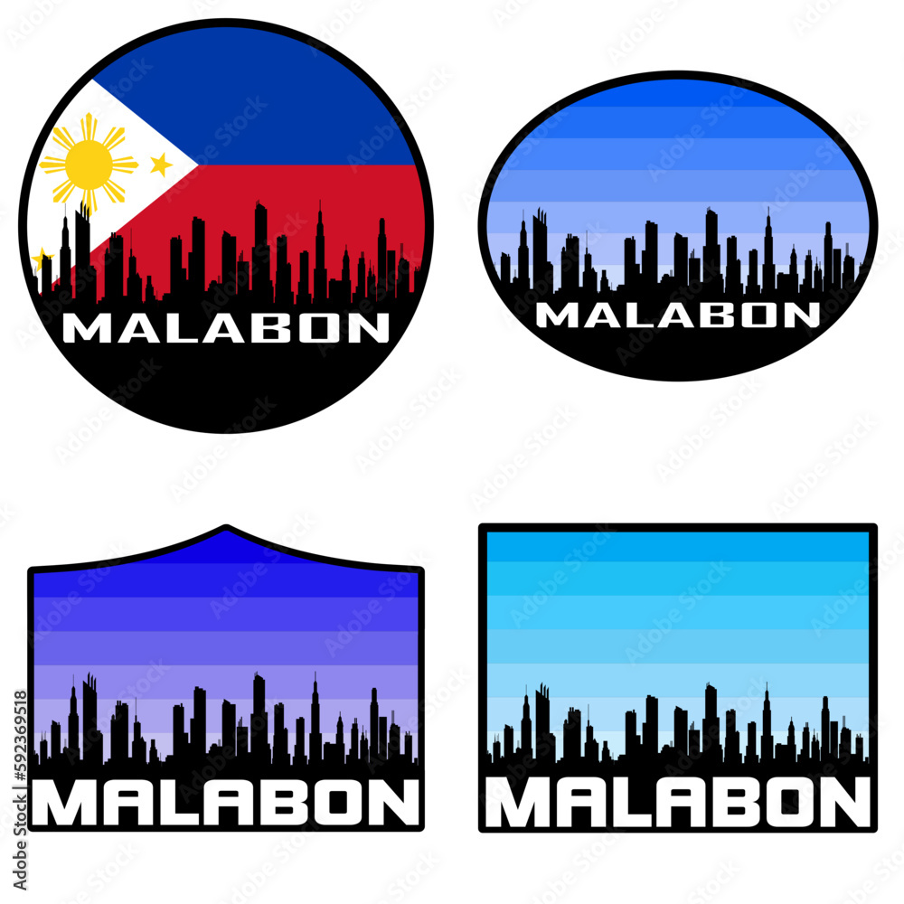 Malabon Skyline Silhouette Philippines Flag Travel Souvenir Sticker Sunset Background Vector Illustration SVG EPS AI