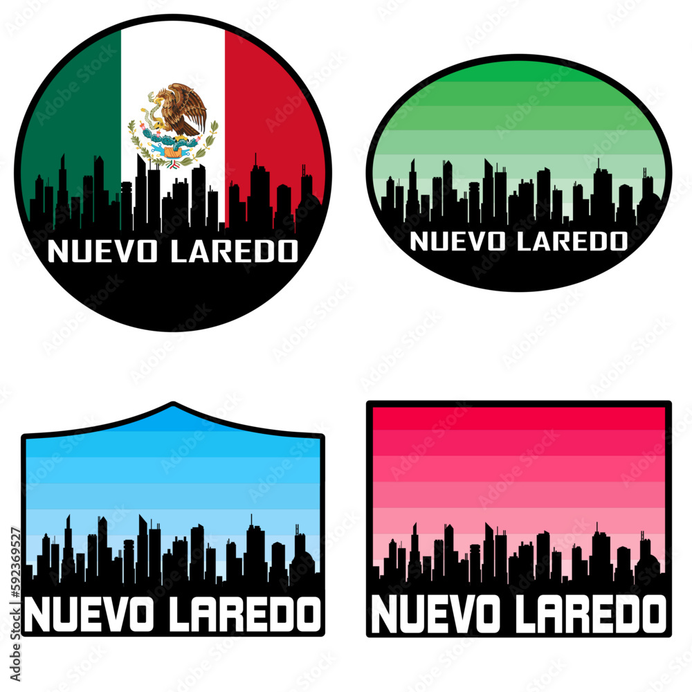 Nuevo Laredo Skyline Silhouette Mexico Flag Travel Souvenir Sticker Sunset Background Vector Illustration SVG EPS AI