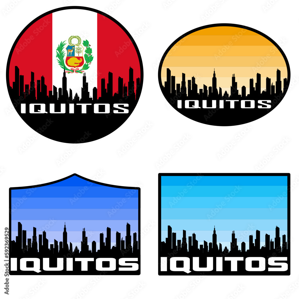 Iquitos Skyline Silhouette Peru Flag Travel Souvenir Sticker Sunset Background Vector Illustration SVG EPS AI