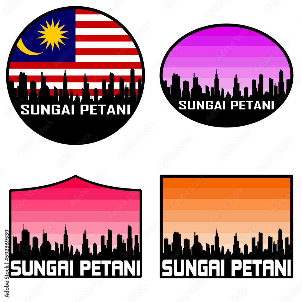 Sungai Petani Skyline Silhouette Malaysia Flag Travel Souvenir Sticker Sunset Background Vector Illustration SVG EPS AI