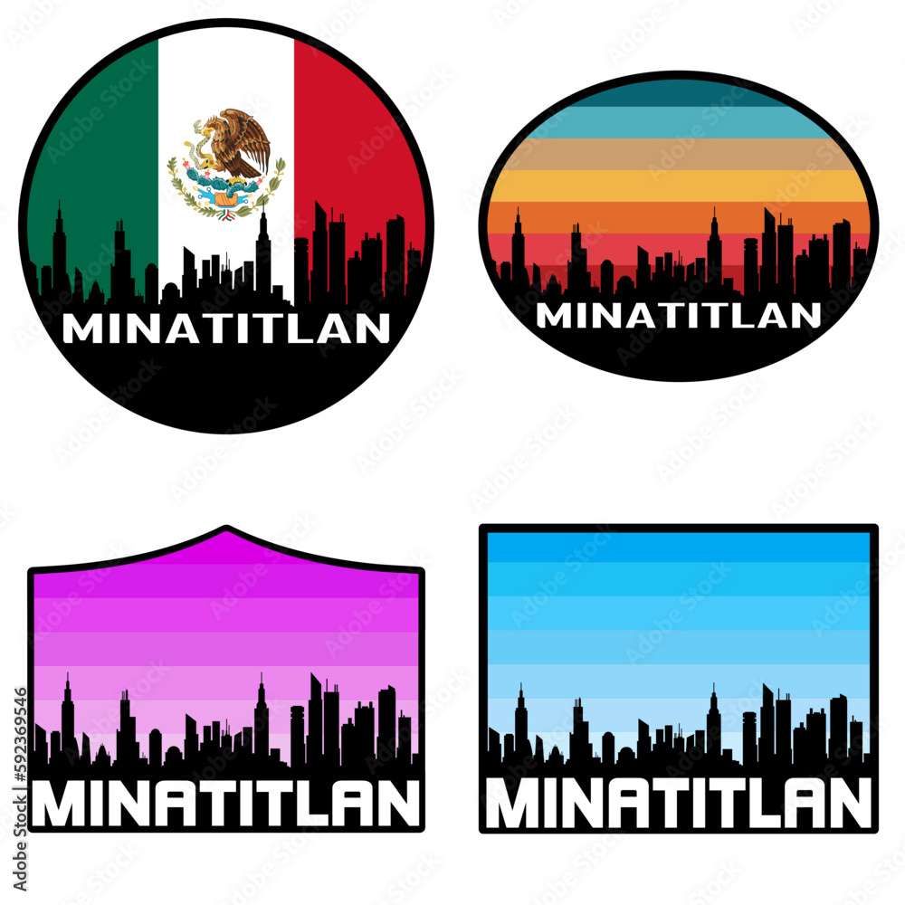 Minatitlan Skyline Silhouette Mexico Flag Travel Souvenir Sticker Sunset Background Vector Illustration SVG EPS AI