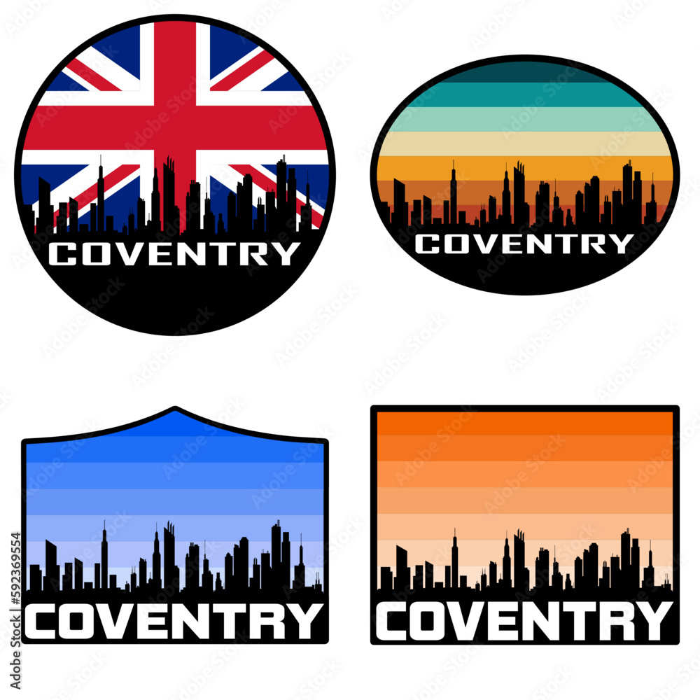 Coventry Skyline Silhouette Uk Flag Travel Souvenir Sticker Sunset Background Vector Illustration SVG EPS AI