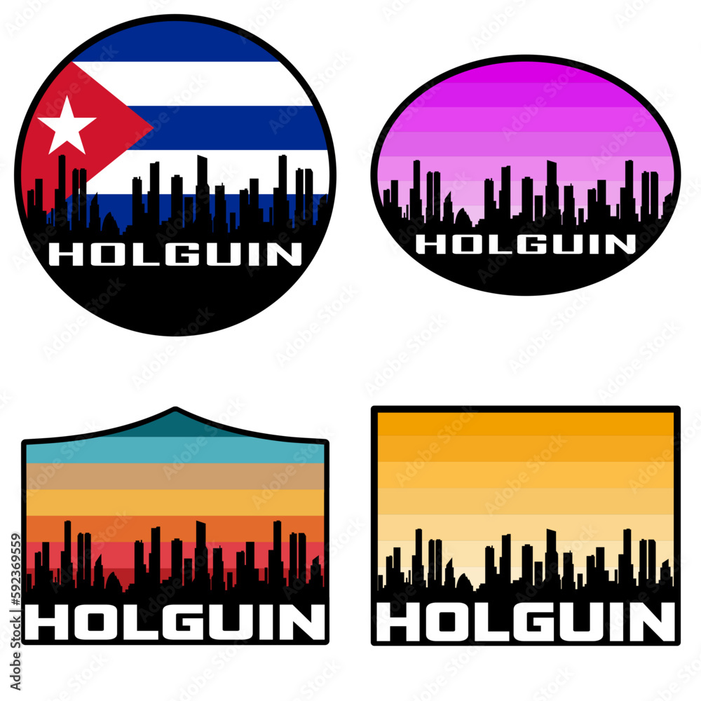 Holguin Skyline Silhouette Cuba Flag Travel Souvenir Sticker Sunset Background Vector Illustration SVG EPS AI