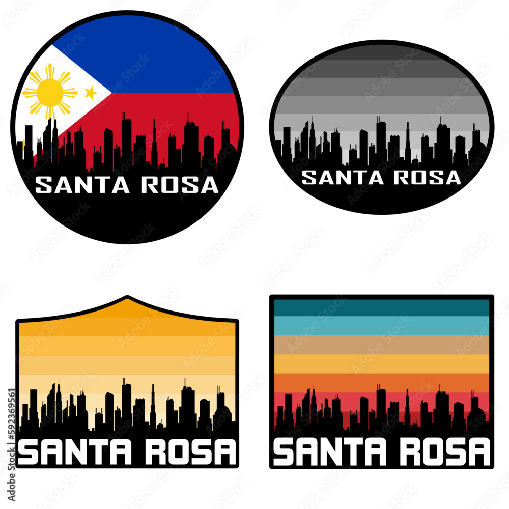 Obraz premium Santa Rosa Skyline Silhouette Philippines Flag Travel Souvenir Sticker Sunset Background Vector Illustration SVG EPS AI