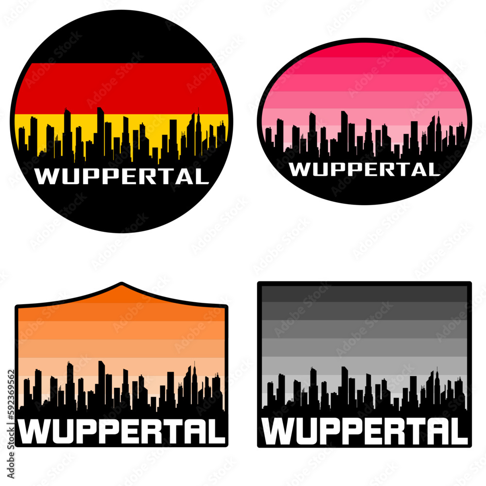 Wuppertal Skyline Silhouette Germany Flag Travel Souvenir Sticker Sunset Background Vector Illustration SVG EPS AI