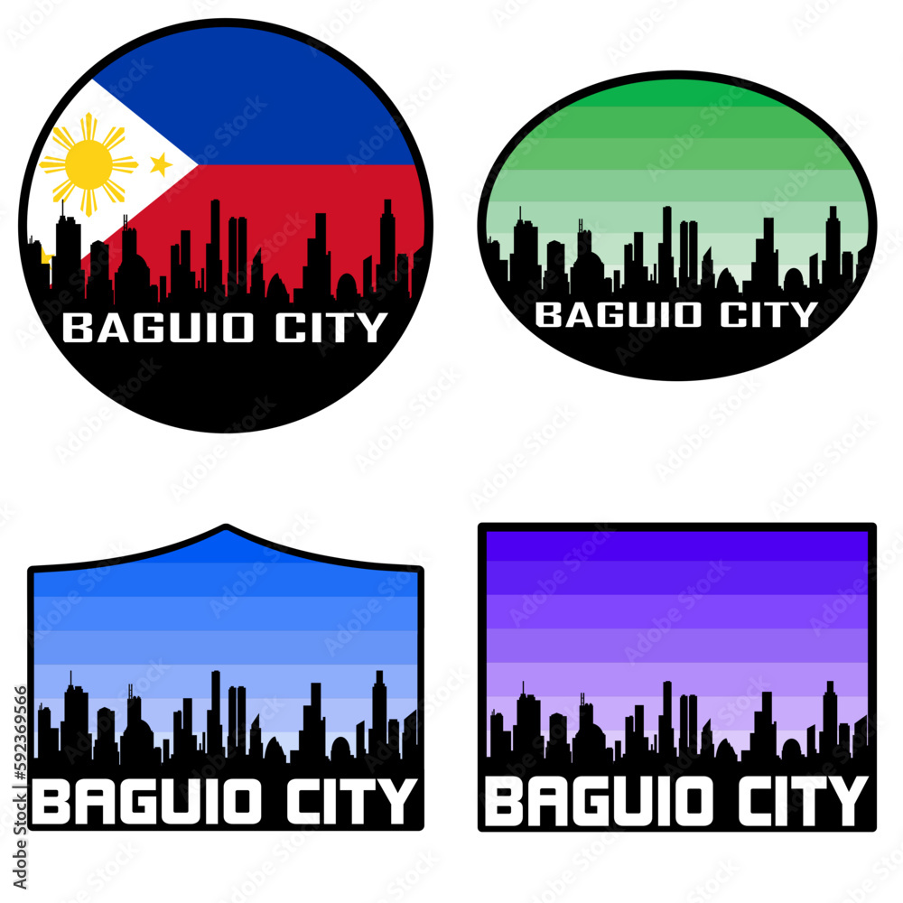 Baguio City Skyline Silhouette Philippines Flag Travel Souvenir Sticker Sunset Background Vector Illustration SVG EPS AI