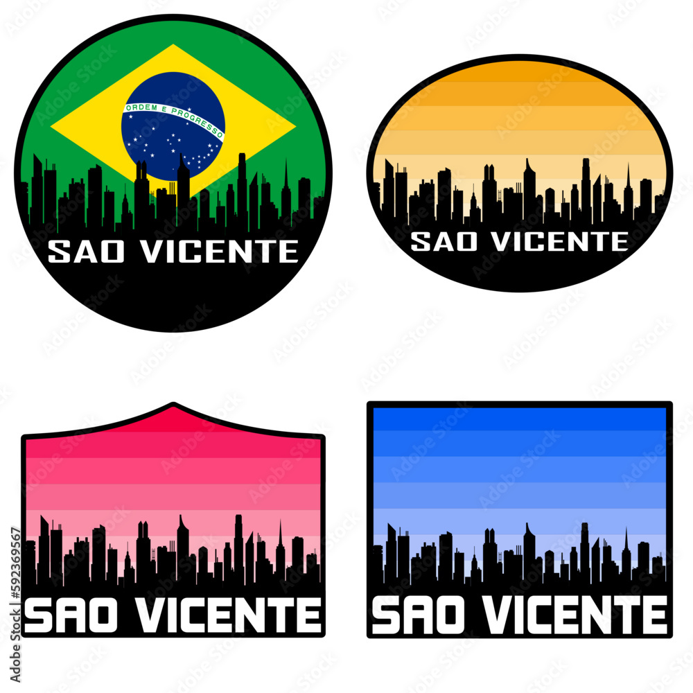 Sao Vicente Skyline Silhouette Brazil Flag Travel Souvenir Sticker Sunset Background Vector Illustration SVG EPS AI