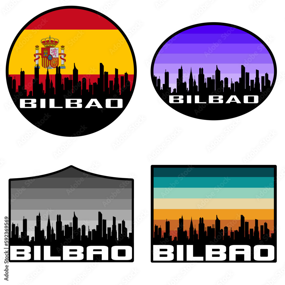Bilbao Skyline Silhouette Spain Flag Travel Souvenir Sticker Sunset Background Vector Illustration SVG EPS AI