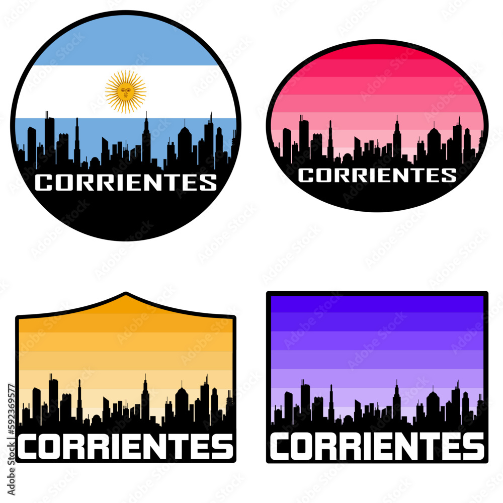 Obraz premium Corrientes Skyline Silhouette Argentina Flag Travel Souvenir Sticker Sunset Background Vector Illustration SVG EPS AI