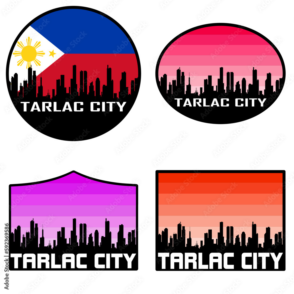 Tarlac City Skyline Silhouette Philippines Flag Travel Souvenir Sticker Sunset Background Vector Illustration SVG EPS AI