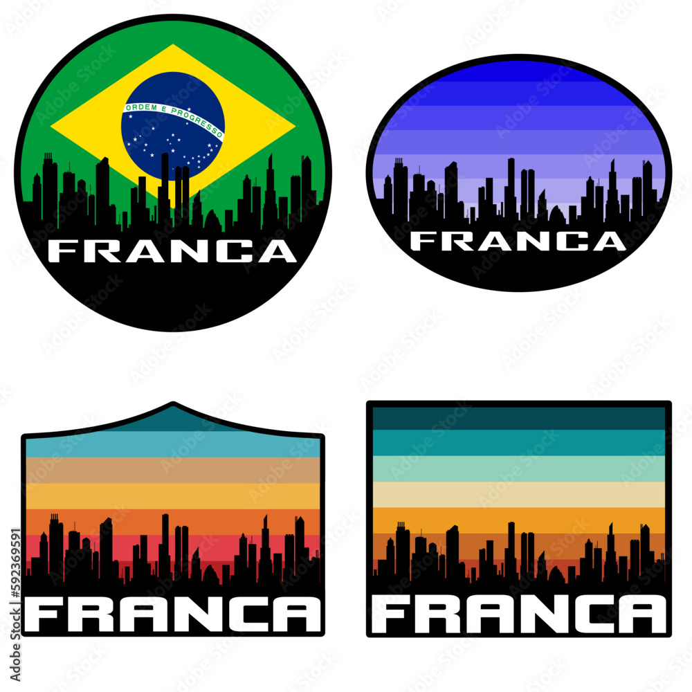 Franca Skyline Silhouette Brazil Flag Travel Souvenir Sticker Sunset Background Vector Illustration SVG EPS AI