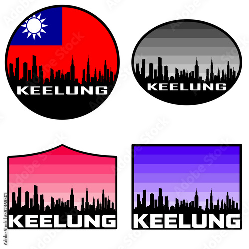 Keelung Skyline Silhouette Taiwan Flag Travel Souvenir Sticker Sunset Background Vector Illustration SVG EPS AI