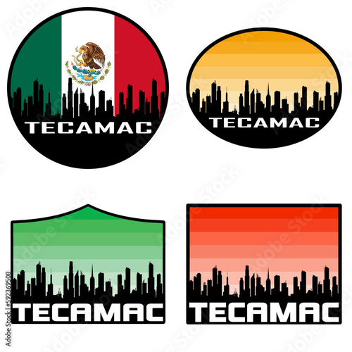 Tecamac Skyline Silhouette Mexico Flag Travel Souvenir Sticker Sunset Background Vector Illustration SVG EPS AI