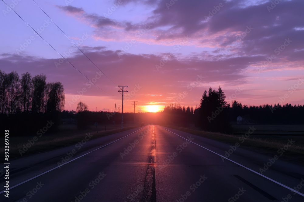 empty road on sunrise, summer sunset, generative ai