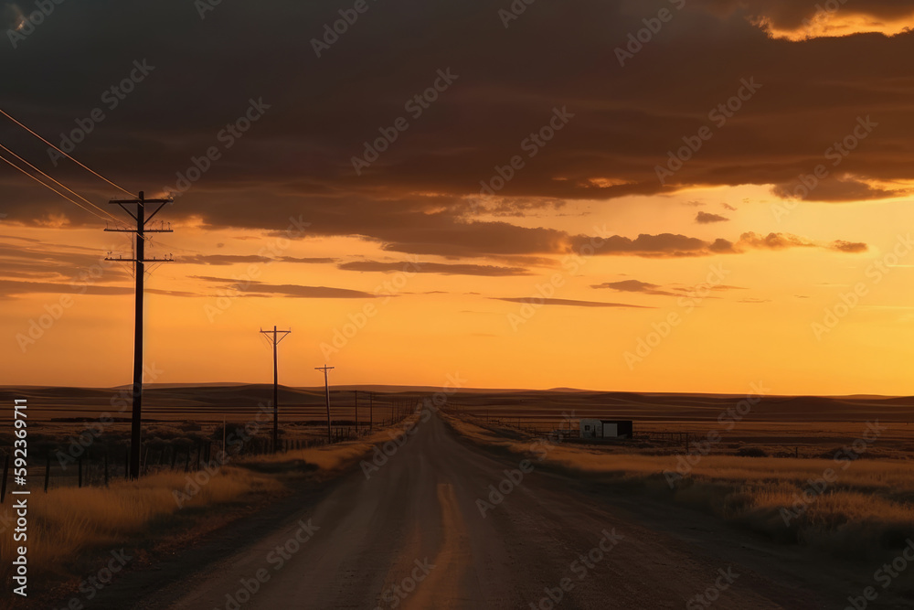 empty road on sunrise, summer sunset, generative ai