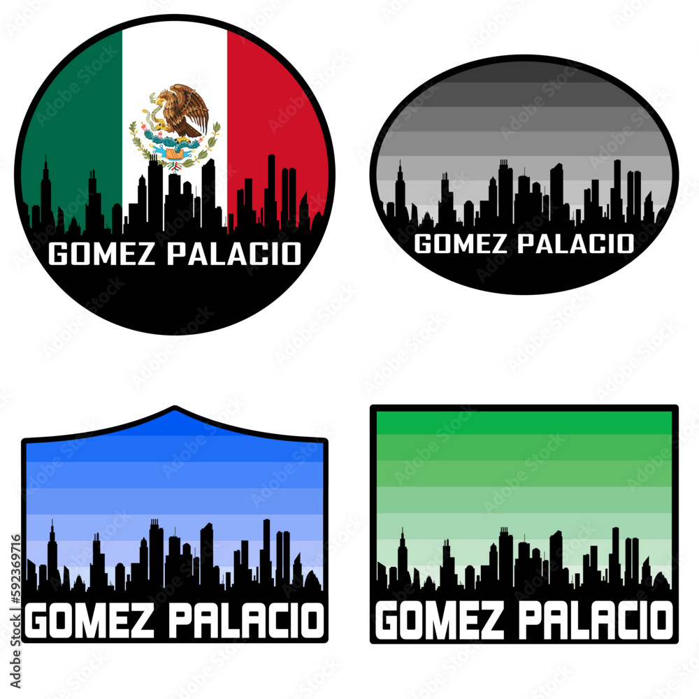 Gomez Palacio Skyline Silhouette Mexico Flag Travel Souvenir Sticker Sunset Background Vector Illustration SVG EPS AI