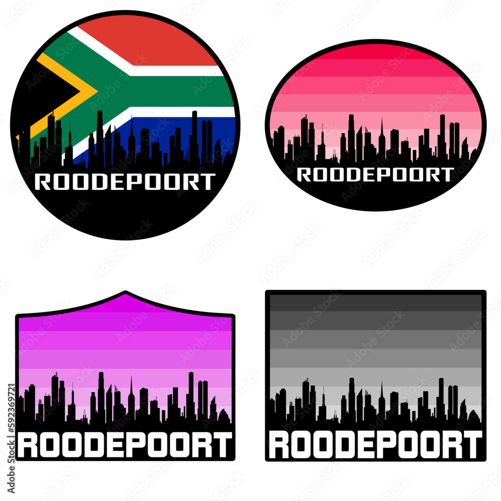 Roodepoort Skyline Silhouette South Africa Flag Travel Souvenir Sticker Sunset Background Vector Illustration SVG EPS AI