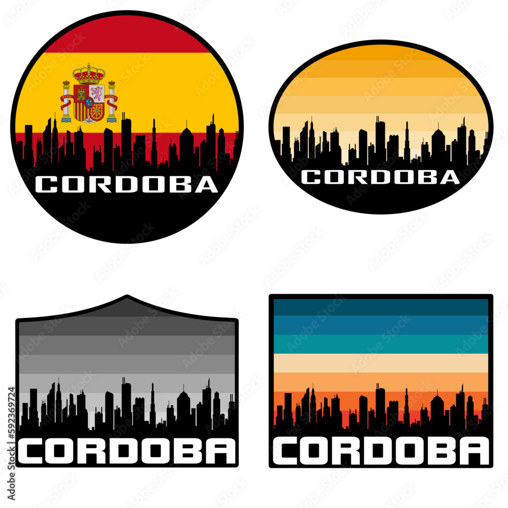 Cordoba Skyline Silhouette Spain Flag Travel Souvenir Sticker Sunset Background Vector Illustration SVG EPS AI