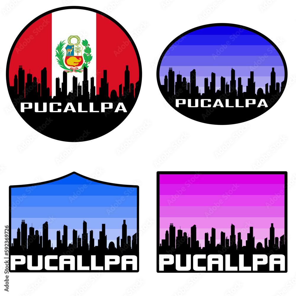 Pucallpa Skyline Silhouette Peru Flag Travel Souvenir Sticker Sunset Background Vector Illustration SVG EPS AI