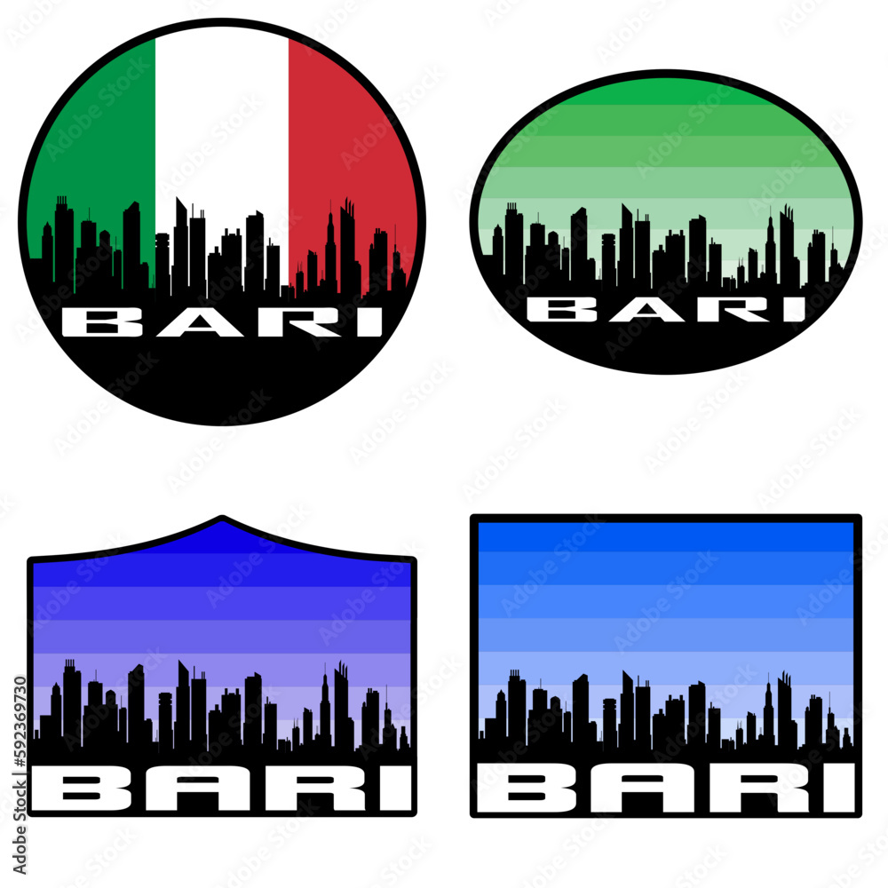 Bari Skyline Silhouette Italy Flag Travel Souvenir Sticker Sunset Background Vector Illustration SVG EPS AI