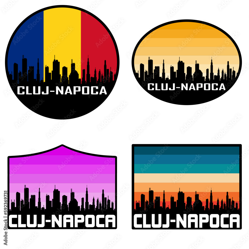 Cluj Napoca Skyline Silhouette Romania Flag Travel Souvenir Sticker Sunset Background Vector Illustration SVG EPS AI