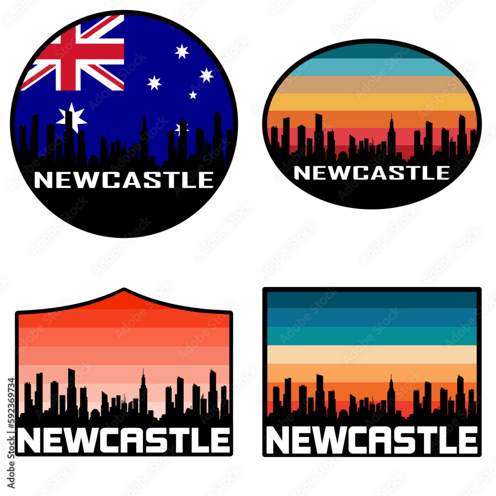 Newcastle Skyline Silhouette Australia Flag Travel Souvenir Sticker Sunset Background Vector Illustration SVG EPS AI