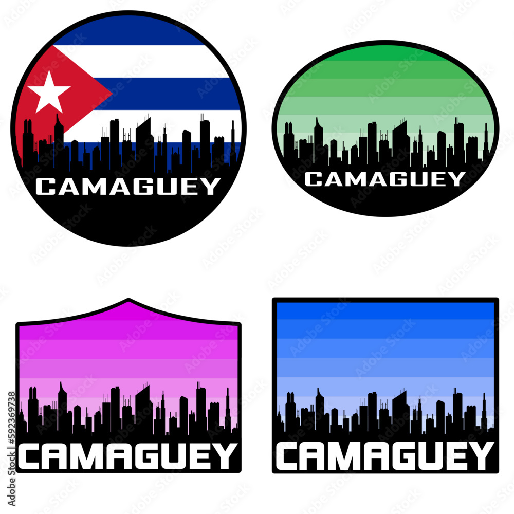 Camaguey Skyline Silhouette Cuba Flag Travel Souvenir Sticker Sunset Background Vector Illustration SVG EPS AI