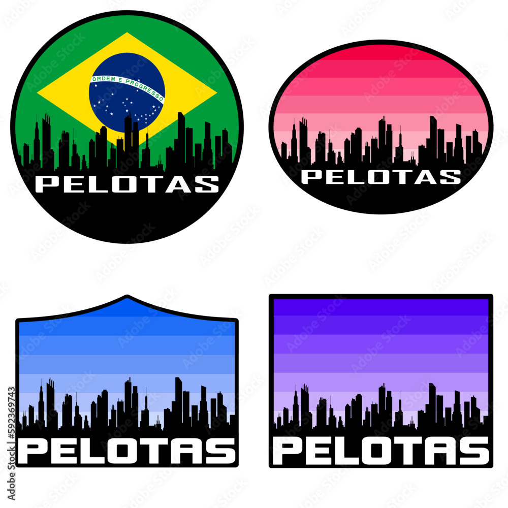 Pelotas Skyline Silhouette Brazil Flag Travel Souvenir Sticker Sunset Background Vector Illustration SVG EPS AI