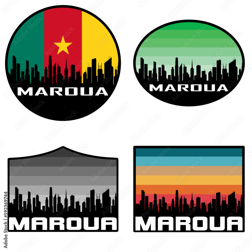 Maroua Skyline Silhouette Cameroon Flag Travel Souvenir Sticker Sunset Background Vector Illustration SVG EPS AI